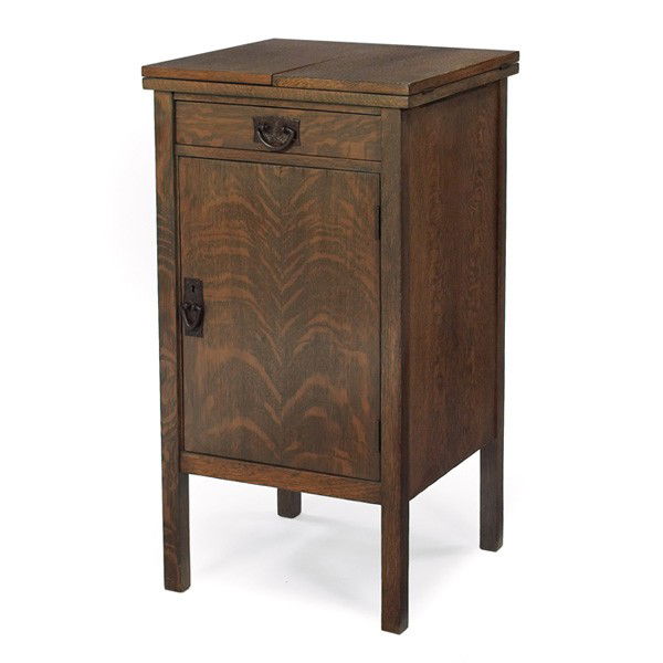 Gustav Stickley cellarette, #88: Gustav Stickley cellarette, #88, flip-top over a copper top, single drawer above a door with original hardware, refinished, signed with red decal and paper label, bottle rack missing, closed: 18.5"w x