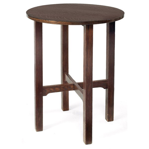 Gustav Stickley lamp table, #654: Gustav Stickley lamp table, #654, circular top above a notched cross-stretcher base, refinished, signed with paper label, 24"dia x 29"h, very good condition.From the collection of Dr. Edgar G. McKee.