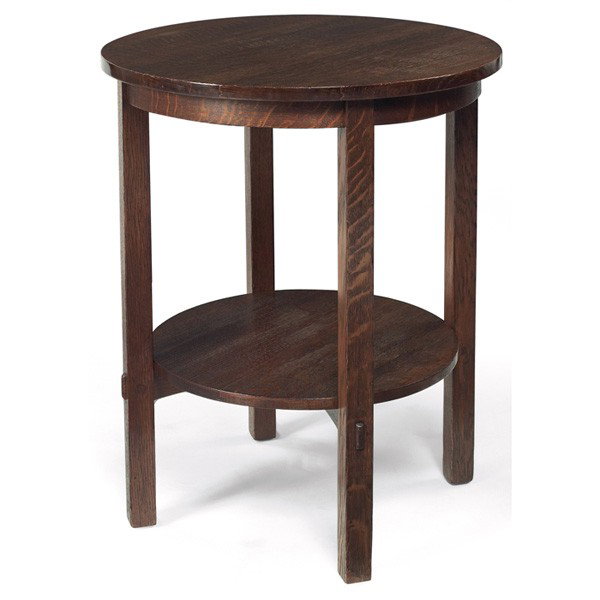 Gustav Stickley lamp table, #607: Gustav Stickley lamp table, #607, circular top above a lower shelf supported by a cross-stretcher base with thru-tenon construction, refinished, signed with paper label, 24"dia x 29"h, very good condi