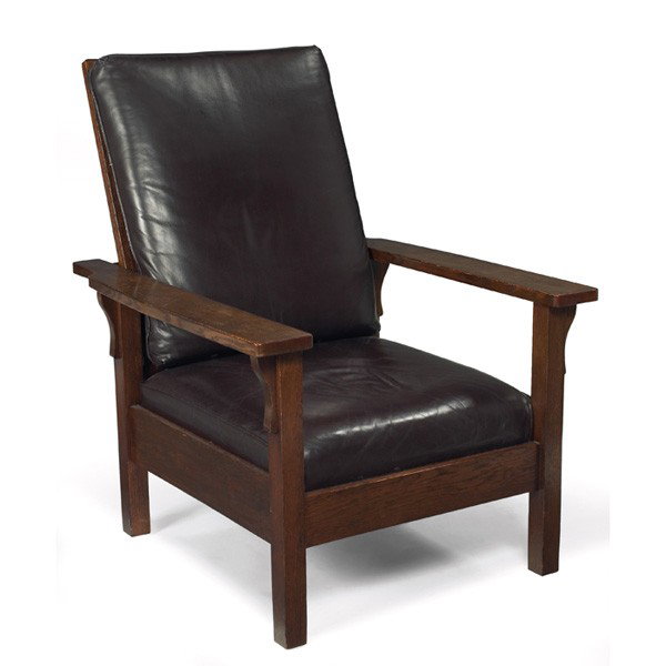 Gustav Stickley Morris chair, #346: Gustav Stickley Morris chair, #346, flat-arm form with corbel supports under each arm, recovered leather cushions, refinished, branded signature, 30.5"w x 34"d x 39.5"h, very good condition.From the c