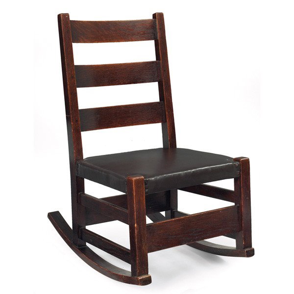 Gustav Stickley sewing rocker, #303: Gustav Stickley sewing rocker, #303, three horizontal slats at back over a recovered leather seat, signed with red decal, lightly recoated original finish, 17"w x 24.5"d x 31"h, very good condition.Fr