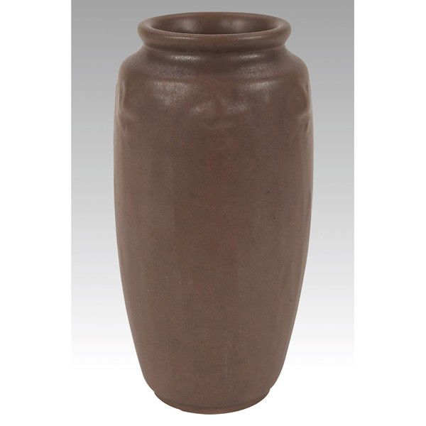 Teco vase, shape #60B Orn, W. D. Gates: Teco vase, shape #60B Orn, W. D. Gates, floral design covered in a brown matte glaze, 4.5"dia x 8.75"h