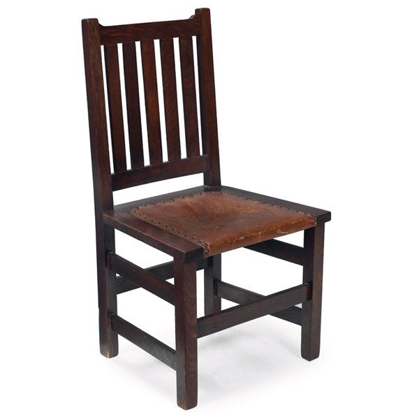 Stickley Brothers child's chair: Stickley Brothers child's chair, notched rail at back above five vertical slats over a recovered leather seat, recoated finish, 16"w x 15"d x 29"h, very good condition