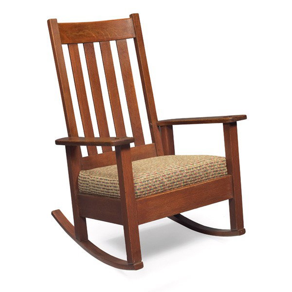 Stickley Brothers rocker, #891: Stickley Brothers rocker, #891, four vertical slats at back over a recovered seat, unsigned, refinished, 27"w x 29.5"d x 39"h, very good condition