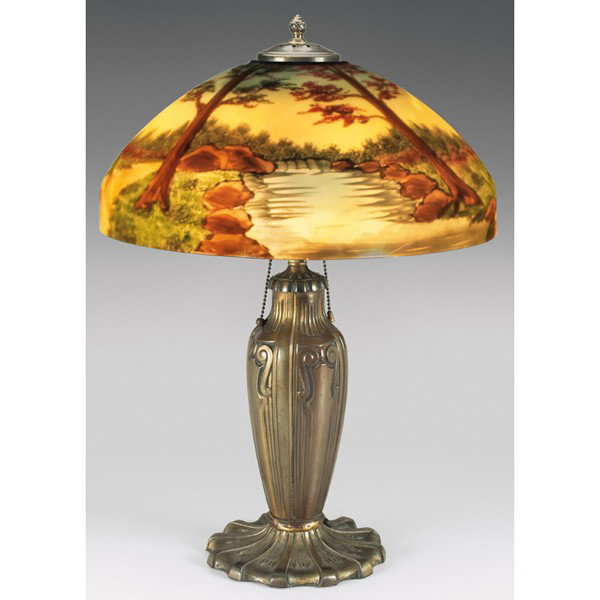 Pittsburgh lamp, bronzed metal base: Pittsburgh lamp, bronzed metal base holding a reverse painted glass shade with landscape design, unmarked, overall: 16"w x 22.5"h