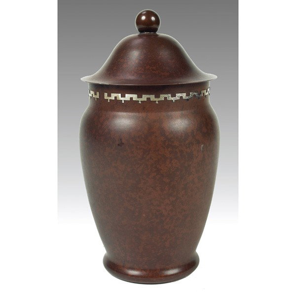 Heintz humidor, in bronze: Heintz humidor, in bronze with silver overlay border, good original patina, signed, 4.5"dia x 9.5"h, very good condition