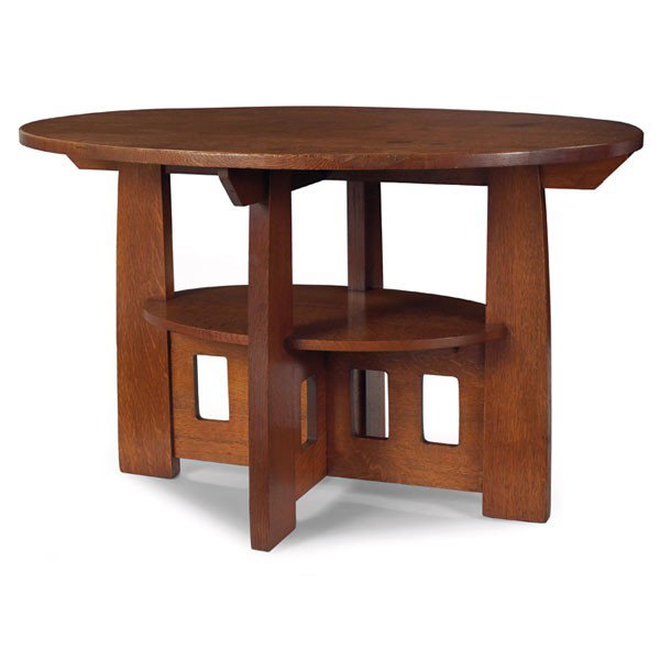 Limbert table, #158, double oval: Limbert table, #158, double oval form, strong Charles Rennie Mackintosh influence with top and lower shelf supported by a cross-stretcher base with cut-out details, branded signature, cleaned original
