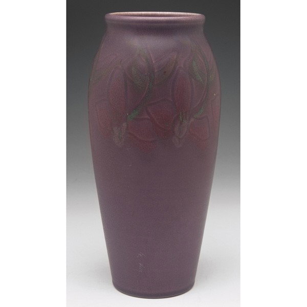 Rookwood vase, stylized fuchsia design: Rookwood vase, tapered shape, in a Vellum glaze with an incised and stylized fuchsia design, done by Louise Abel in 1920, #1121C, 4.5"w x 10"h, X'd