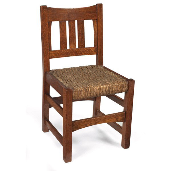 Gustav Stickley chair, c. 1901, three vertical sla: Early Gustav Stickley chair, c. 1901, three vertical slats at back with interior corbels over a rare original braided rush seat, re-coated original finish, unsigned, 18" w x 18.5"d x 34"h, very good c