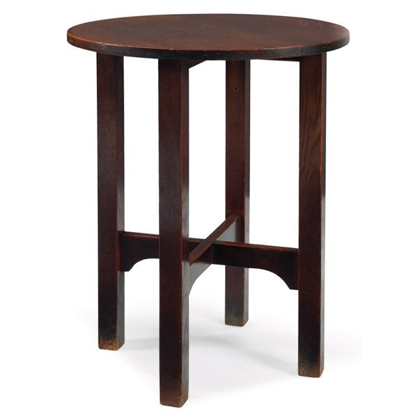 Gustav Stickley tea table, #604: Gustav Stickley tea table, #604, circular top above a notched cross-stretcher base, lightly recoated original finish, screw holes added to inside of legs, signed with partial red decal, 20"dia x 26"h,