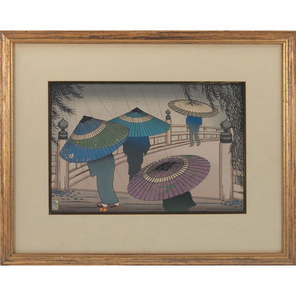 Lilian Miller woodcut Rain Blossoms,: Important Lilian Miller (American, 1895-1943) "Rain Blossoms," 1928, color woodcut, signed lower left, monogrammed in plate, 9.5" x 14", framed