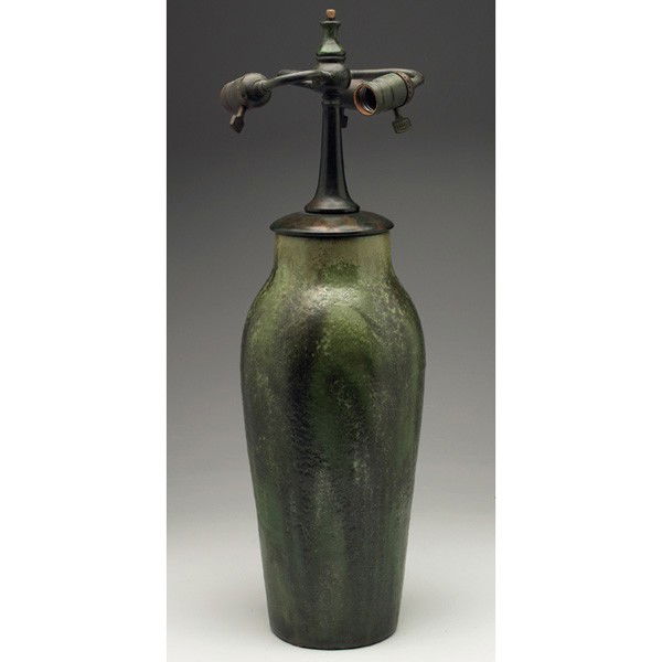 Fulper lamp, green crystalline glaze: Fulper lamp, monumental shape covered in a green crystalline glaze, three arm bronzed metal fixtures, marked, 9"w x 26"h
