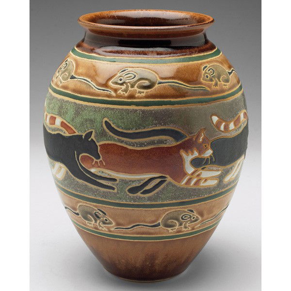 Common Ground Pottery vase, cats: Common Ground Pottery vase, contemporary, bulbous shape with cats and mice, signed by Eric Olson, 2011, 7"w x 9"h