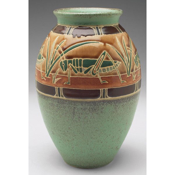 Common Ground Pottery vase, grasshoppers: Common Ground Pottery vase, contemporary, bulbous shape with grasshoppers, signed by Eric Olson, 2011, 6.5"w x 10"h