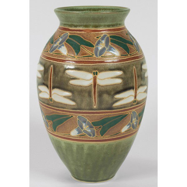 Common Ground Pottery vase, dragonflies: Common Ground Pottery vase, contemporary, bulbous shape with dragonflies and morning glories, signed by Eric Olson, marked, 2011, 6.5"w x 10"h