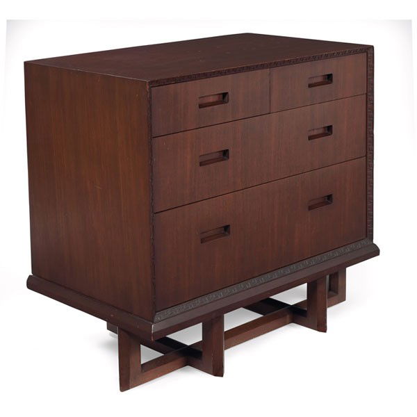 Frank Lloyd Wright chest of drawers, Taliesin: Frank Lloyd Wright chest of drawers, manufactured by Heritage Henredon, two half drawers above two full drawers with recessed handles, Taliesin design at edges, held on a cradle base, original finish,