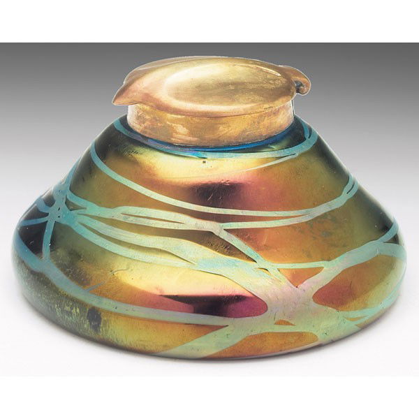 Loetz inkwell, attribution, iridescent: Loetz inkwell, attribution, purple glass with an iridescent green and blue design, unmarked, 4"w x 2.5"h