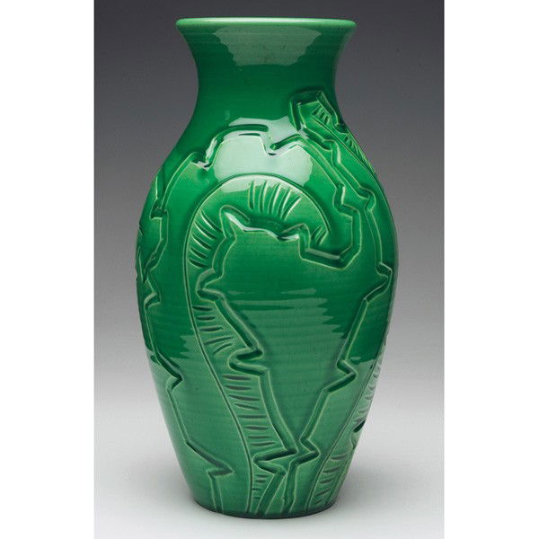 Accolay vase, green with organic design: Good Accolay vase, green with incised stylized organic design, marked, 13"h, one of the better examples from this French pottery