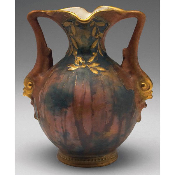 Amphora vase, double handled with fish: Amphora vase, Saurians in the Forest, double handled shape with fish, painted landscape with gold accents, marked, paper label, #2073, 6.5"w x 7.5"h