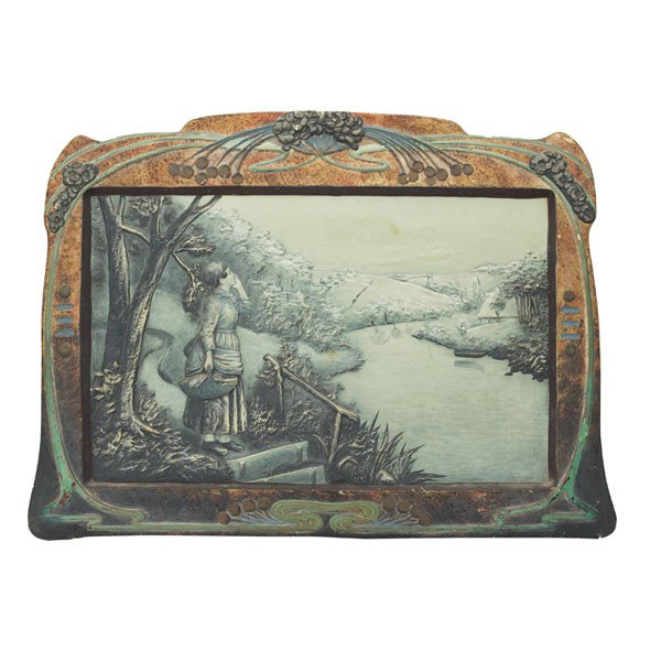 Johann Maresch plaque, woman in a river landscape: Johann Maresch plaque, nicely carved design of a woman in a river landscape, marked, #4593, 21"w x 14.5"h
