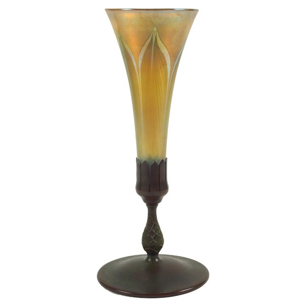 L.C. Tiffany vase, bronze holder 858 and 1048: L.C. Tiffany vase, bronze holder retaining its original patina, glass signed L.C.T., base signed Tiffany Studios New York and #'d 858 and 1048, 5"w x 11.75"h
