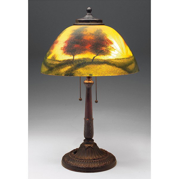 Pittsburgh lamp, attribution, glass shade with a l: Pittsburgh lamp, attribution, bronzed metal base, supporting an obverse painted and textured glass shade with a landscape, unmarked, overall: 12"w x 20"h