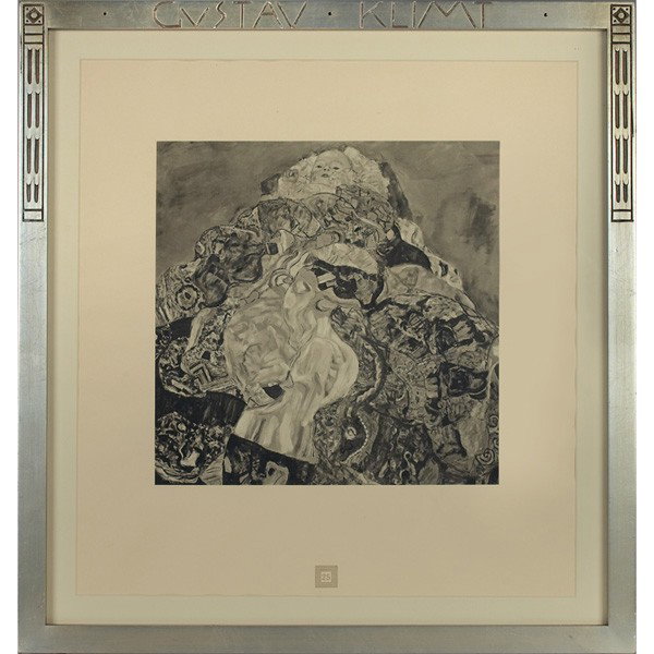 Gustav Klimt Cradle, halftone: Gustav Klimt (Austrian, 1862-1918), "Cradle," from the second edition 1931, issued by the Austrian government, halftone, No. 25, framed, image: 12"sq, overall: 22" x 21"