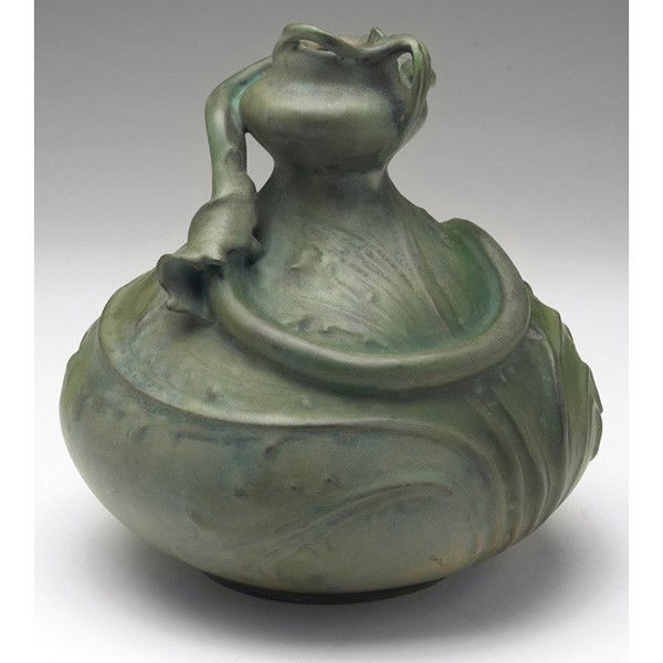 Amphora vase, sculpted snake and leaves: Amphora vase, probably designed by Eduard Stellmacher, bulbous shape with a sculpted snake and leaves, covered in a multi-toned green matte glaze, marked, #4114, 7"w x 7.5"h