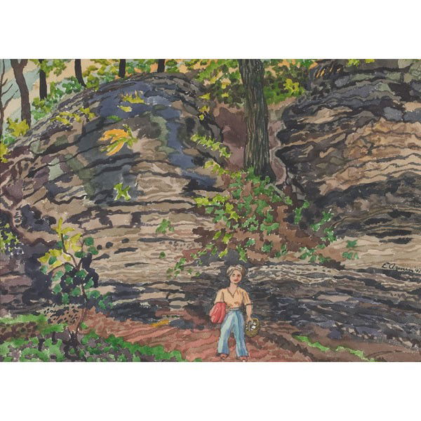 Emil Armin Picnic at Starved Rock, oil: Emil Armin (American, 1883-1972) "Picnic at Starved Rock," 1947, watercolor, 10.5" x 14.75", signed and dated lower right, framed