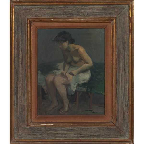 Raphael Soyer Seated Nude, oil: Raphael Soyer (American, 1899-1987) "Seated Nude," c. 1940, oil on artist board, 13.5" x 10.5", signed lower right, framed