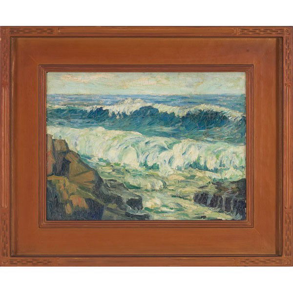 George Robert Smith, Jr. Wind Swept Breakers, oil: George Robert Smith, Jr. (American, b. 1889) "Wind Swept Breakers," c. 1940, oil on canvas board, 11.5" x 15.5", signed on verso, titled on period label, framed