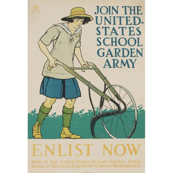 Edward Penfield Join the United-States... color li: Edward Penfield (American, 1866-1925) "Join the United-States School Garden Army," c. 1915, color lithograph mounted to linen, 30" x 20", unframed