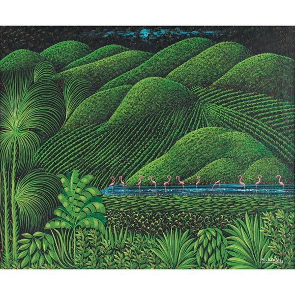 Henri Robert Bresil Flamingos , oil 19.5 x 23.5: Henri Robert Bresil (Haitian, 1952-1999) "Flamingos ," c. 1980, oil on canvas, 19.5" x 23.5", signed lower right, framed