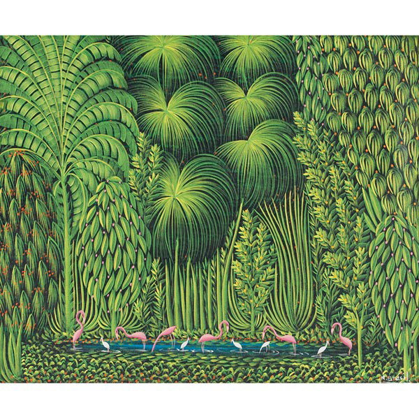 Henri Robert Bresil Flamingos , oil 19.5 x 23.5: Henri Robert Bresil (Haitian, 1952-1999) "Flamingos ," c. 1980, oil on canvas, 19.5" x 23.5", signed lower right, framed