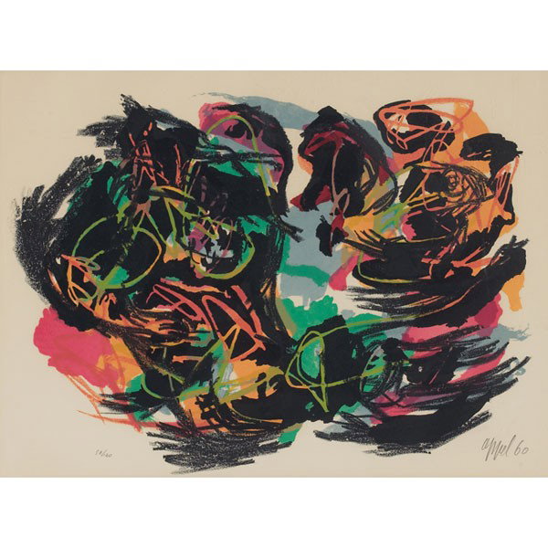 Karel Appel Drole de Drame, color lithograph: Karel Appel (Dutch, 1921-2006) "Drole de Drame," 1960, color lithograph, 19" x 25.75", pencil signed and dated lower right, numbered lower left, edition of 120, framed