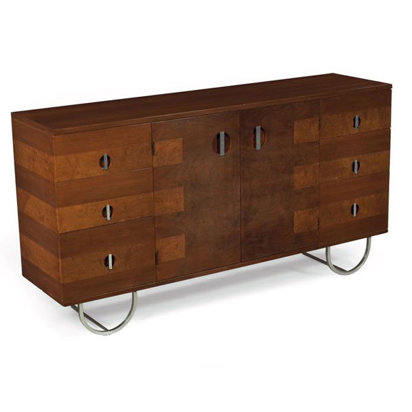 Gilbert Rohde sideboard, model 3321: Gilbert Rohde sideboard, by Herman Miller, from the Formal Dining Group, model 3321, two center doors flanked by six drawers, original legs and handles in matte-finished steel, 66"w x 17"d x 35"h, ref