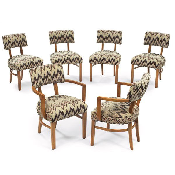Gilbert Rohde dining chairs, set of six: Gilbert Rohde dining chairs, by Herman Miller, set of six, 1930s, two armchairs, four side chairs, walnut frames, reupholstered, curved stretchers, refinished, very good condition