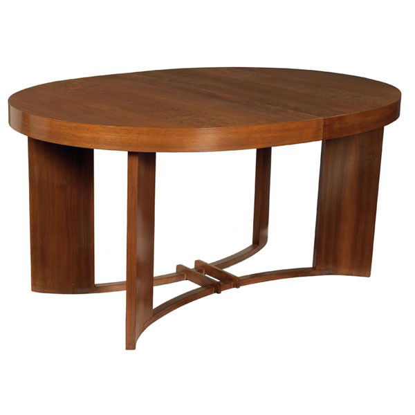 Gilbert Rohde dining table, curved stretchers: Gilbert Rohde dining table, by Herman Miller, 1930s, curved stretchers connect four angled legs, oval top with inset burled wood decorations, 60"w x 42"d x 29"h, three 12" leaves, refinished, excellen