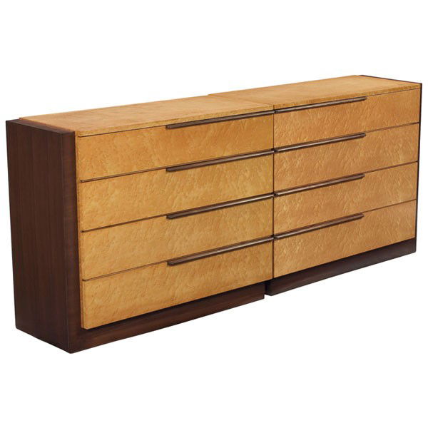 Gilbert Rohde cabinets, pair, model 3626 and 3627: Gilbert Rohde cabinets, pair, by Herman Miller, model 3626 and 3627, bird's eye burl and walnut, each with four drawers, horizontal wood pulls, each with stenciled number to back, 43"w x 18"d x 36"h,