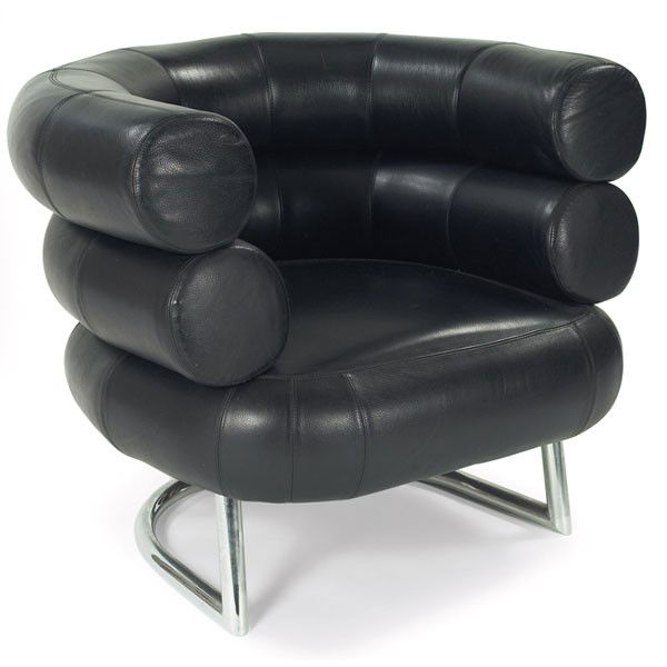 Eileen Gray Bibendum chair, black leather: Eileen Gray Bibendum chair, probably by ClassiCon, black leather, polished chrome base, unsigned, 36"w x 33"d x 29"h, excellent condition