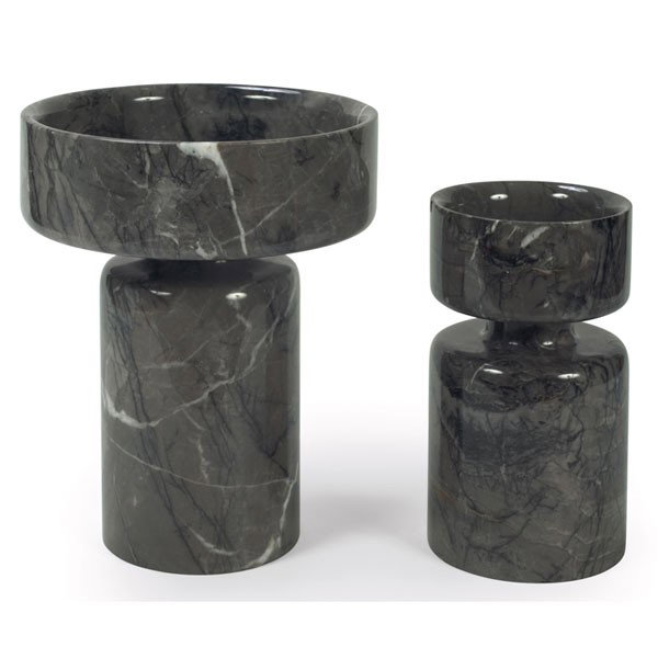 Angelo Mangiarotti vases, two, marble: Angelo Mangiarotti vases, two, for Knoll Associates, Italy, c.1968, marble, large: 9"dia x 11"h, small: 5"dia x 9"h, small chip to edge of smaller vase, very good condition