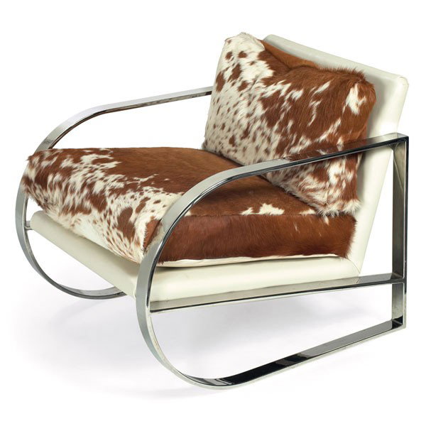 Midcentury chair, brown and white cowhide: Midcentury chair in the style of Milo Baughman, D-shaped chromed metal frame with Machine Age inspired styling, seat and back cushions reupholstered in brown and white cowhide, white vinyl support cus