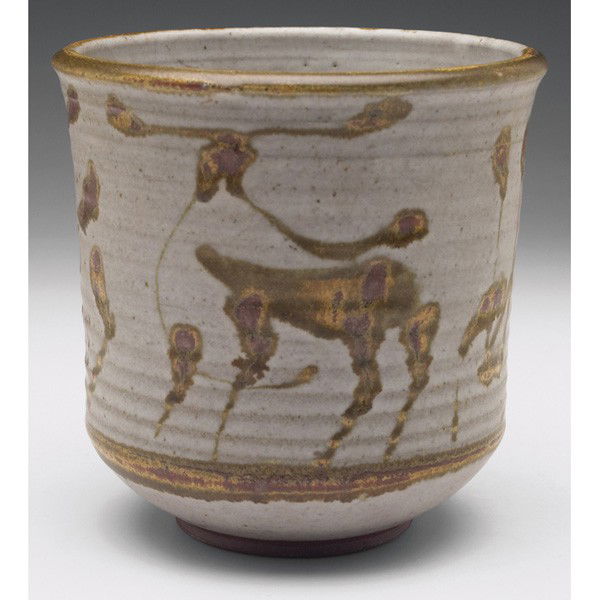 Nice Peter Voulkos Production Ware vase: Nice Peter Voulkos "Production Ware" vase, c. early 1950s, ribbed form with a green, red and gold design against a mottled gray ground, signed, probably executed in Montana, 5"h