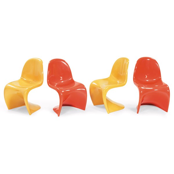 Verner Panton chairs, set of four: Verner Panton chairs, by Herman Miller, set of four, 1970s, molded plastic, 2 orange and 2 yellow, signed with Herman Miller marks and stamped date, 19"w x 22"d x 32"h, very good original condition