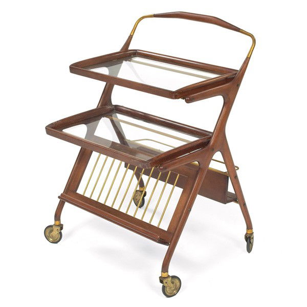 Cesare Lacca bar cart, walnut and brass: Cesare Lacca bar cart, Italy, walnut and brass, two removable glass and wood trays, on castors, original finish, 25"w x 21"d x 35"h, very good condition