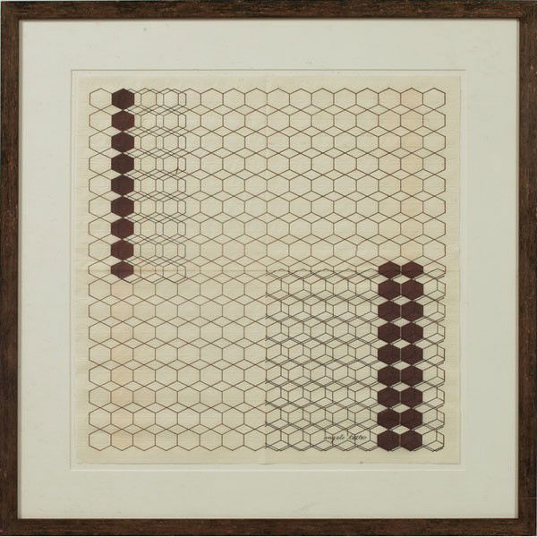 Angelo Testa paper art object: Angelo Testa paper art object, printed geometric design, printed signature, framed, 17" x 16.5", framed size: 23.25" x 23.25", very good condition