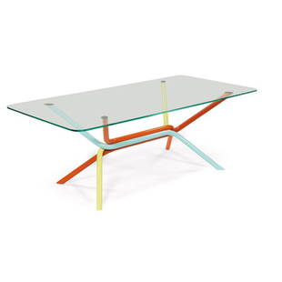 Ross Lovegrove desk/table, thick glass: Ross Lovegrove desk/table by Knoll, original large " thick glass top supported by tubular legs with the original orange, yellow and light blue finish, signed with Knoll Studio tag and dated 2007, no c