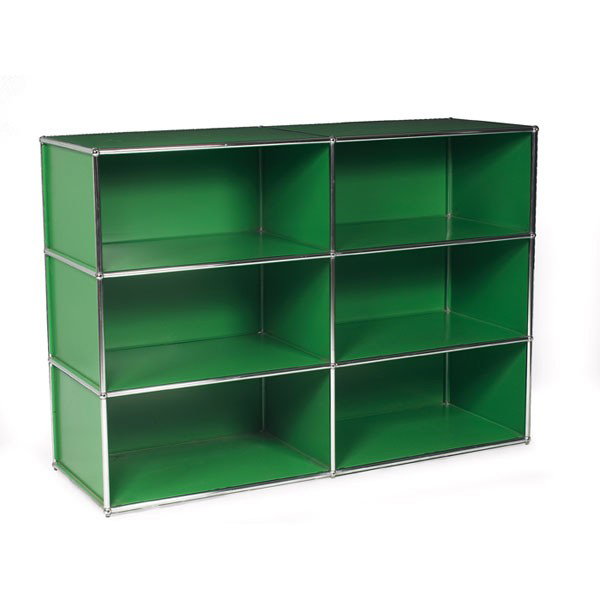 Fritz Haller cabinet, open shelving, green: Fritz Haller cabinet, by USM Haller, Switzerland, open shelving, green enameled metal panels connected by chromed steel fittings, original finish, 60"w x 20"d x 42.5"h, very good original condition