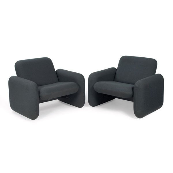 Ray Wilkes chairs, pair, charcoal gray: Ray Wilkes chairs, pair, by Herman Miller, original charcoal gray wool upholstery over a molded foam and steel base, each signed with Herman Miller label, 36"w x 30"d x 27"h, very good original condit