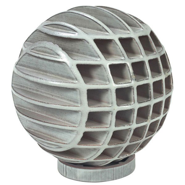 Alessio Tasca sculpture: Alessio Tasca sculpture, Italy, extruded clay in the form of a sphere with opaque glaze, with a matching glazed ring stand, signed with paper label "Alessio Tasca Italy" and impressed mark to bottom o